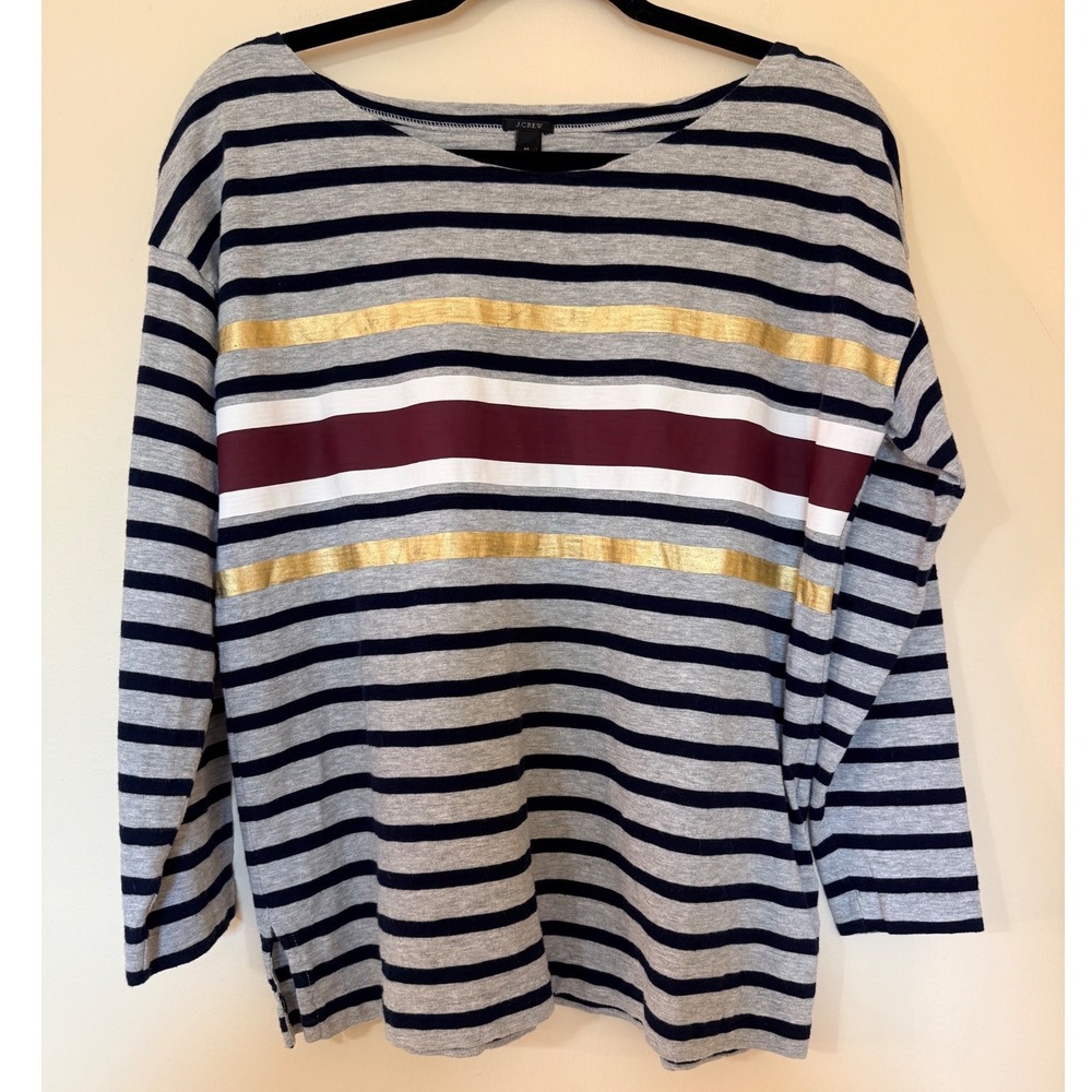 J.Crew Womens Gray Navy Striped Gold Foil Burgundy Boatneck Cotton Top Medium